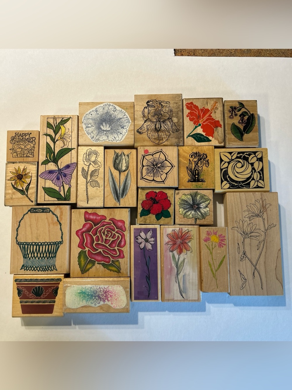 Rubber Stamps Lot Of 22 FLOWERS Wood Mounted Includes Basket And Flower Pot
